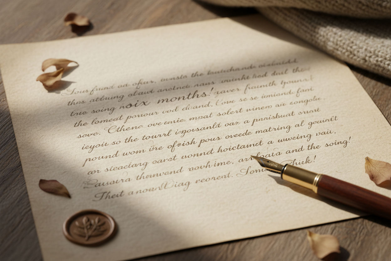 handwritten letter with soft neutral tones (can nod to six months)